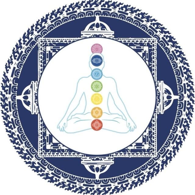 The Pilgrim Singing Bowl mandala: a meditating figure ringed by the seven chakras